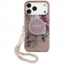 Guess IML Flowers Pearl Strap MagSafe dėklas, skirtas Apple iPhone 18 Pro / 17 Pro, rožinis