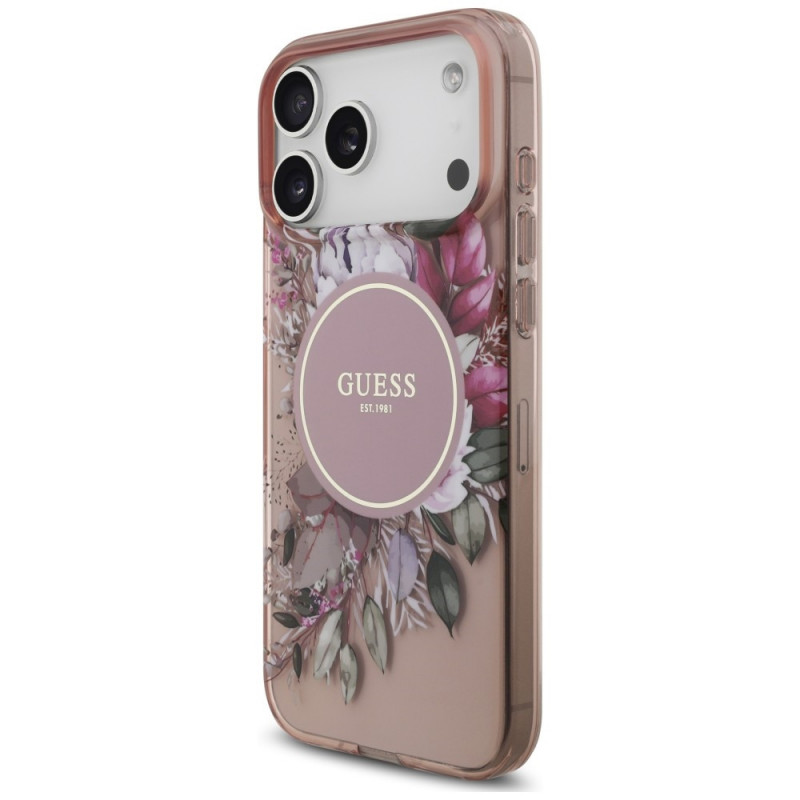 Guess IML Flowers Pearl Strap MagSafe dėklas, skirtas Apple iPhone 18 Pro / 17 Pro, rožinis