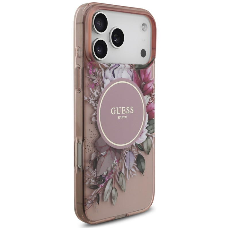 Guess IML Flowers Pearl Strap MagSafe dėklas, skirtas Apple iPhone 18 Pro / 17 Pro, rožinis