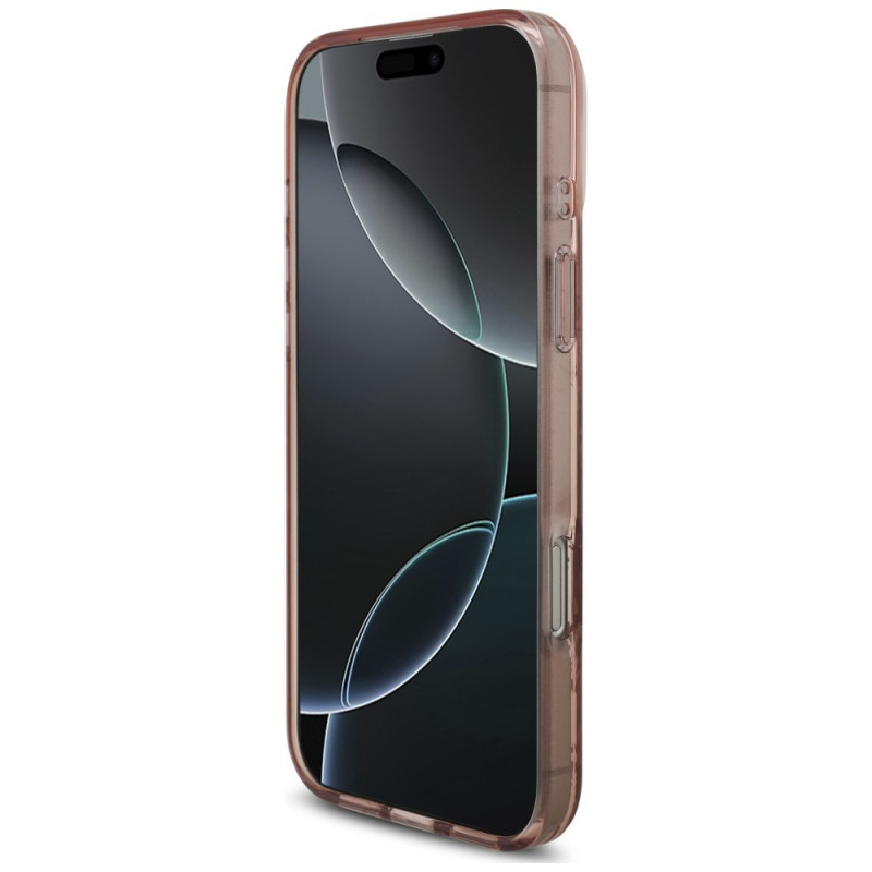 Guess IML Flowers Pearl Strap MagSafe dėklas, skirtas Apple iPhone 18 Pro / 17 Pro, rožinis