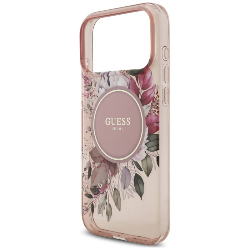 Guess IML Flowers Pearl Strap MagSafe dėklas, skirtas Apple iPhone 18 Pro / 17 Pro, rožinis
