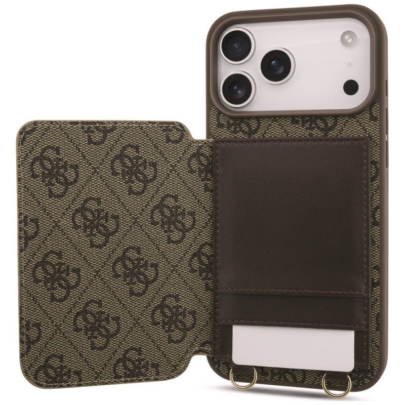 Guess 4G Cardslots & Magnetic Closure Crossbody dėklas, rudas, skirtas Apple iPhone 18 Pro Max / 17 Pro Max