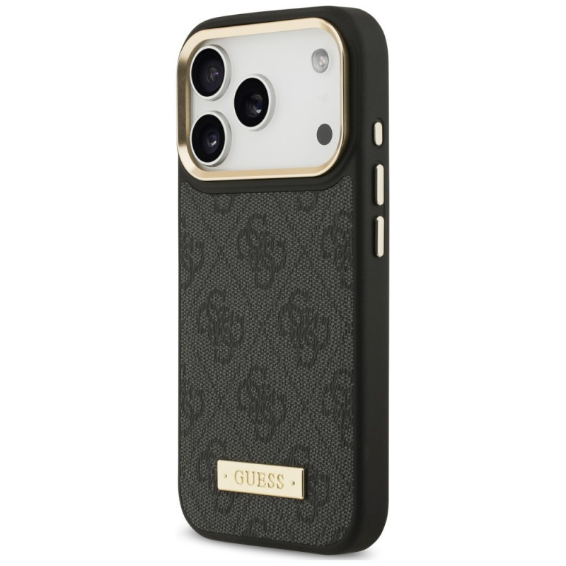 Guess 4G Logo Plate MagSafe dėklas, skirtas Apple iPhone 18 Pro / 17 Pro, juodas