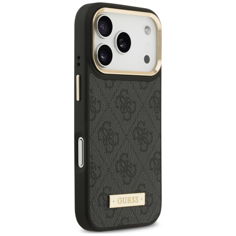 Guess 4G Logo Plate MagSafe dėklas, skirtas Apple iPhone 18 Pro / 17 Pro, juodas