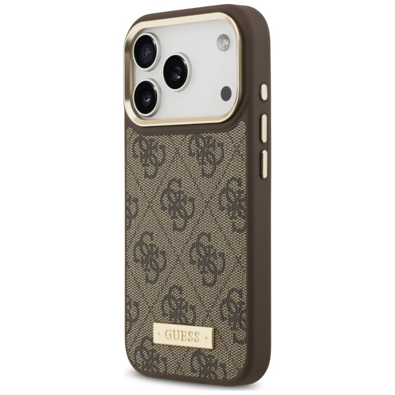 Guess 4G Logo Plate MagSafe dėklas Apple iPhone 18 Pro Max / 17 Pro Max, rudas