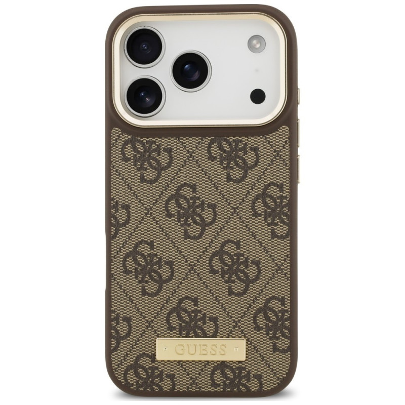 Guess 4G Logo Plate MagSafe dėklas Apple iPhone 18 Pro Max / 17 Pro Max, rudas