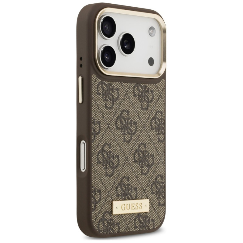 Guess 4G Logo Plate MagSafe dėklas Apple iPhone 18 Pro Max / 17 Pro Max, rudas