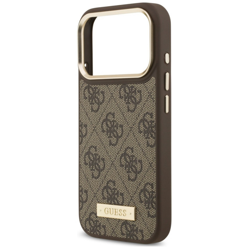 Guess 4G Logo Plate MagSafe dėklas Apple iPhone 18 Pro Max / 17 Pro Max, rudas