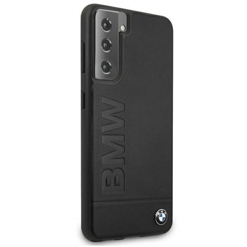 BMW Signature Logo Imprint dėklas su įspaustu logotipu Samsung Galaxy S21+ telefonui, juodas