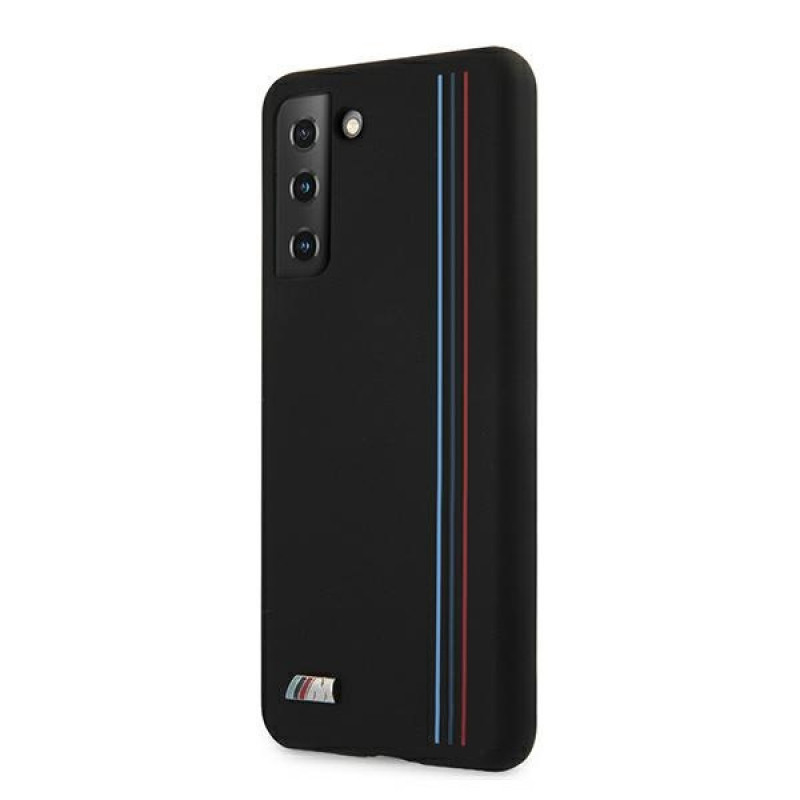 BMW Silicone Stripes M Collection dėklas Samsung Galaxy S21+ telefonui, juodas (BMHCS21MSIVTBK)