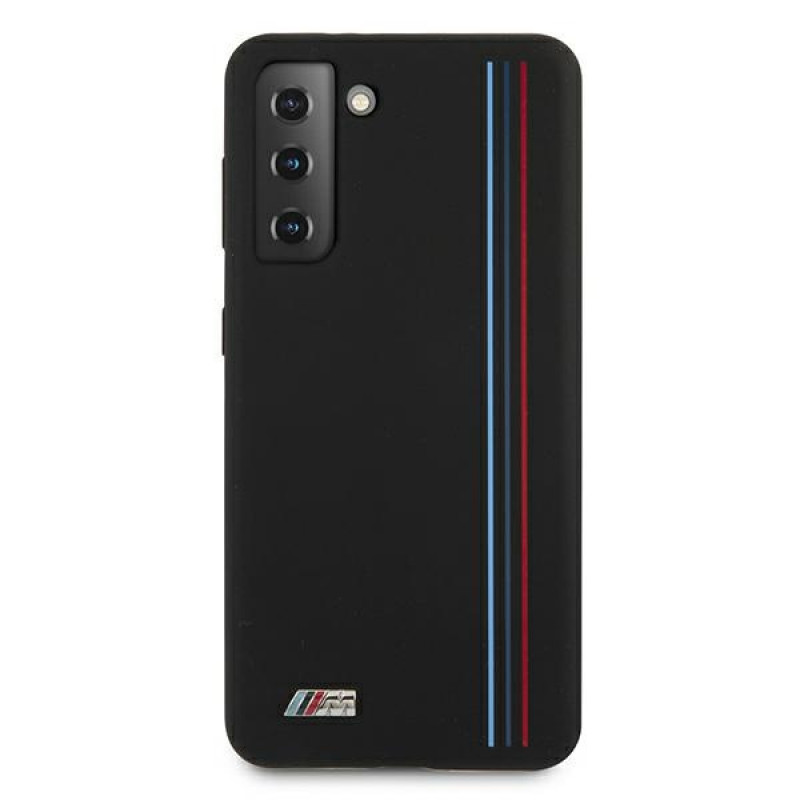 BMW Silicone Stripes M Collection dėklas Samsung Galaxy S21+ telefonui, juodas (BMHCS21MSIVTBK)