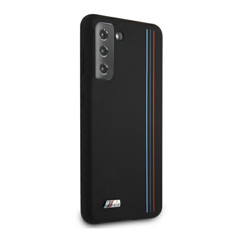 BMW Silicone Stripes M Collection dėklas Samsung Galaxy S21+ telefonui, juodas (BMHCS21MSIVTBK)