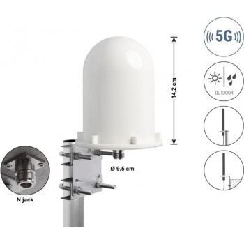 Delock 60769 5G LTE antena, N lizdas, 3-5 dBi, fiksuota daugiakryptė, tvirtinama prie sienos ir stiebo, lauko, balta, 14,2 cm
