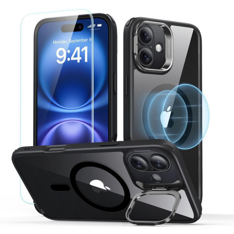ESR Classic Hybrid Kickstand HaloLock MagSafe dėklas su grūdintu stiklu skirtas Apple iPhone 16, permatomas/juodas