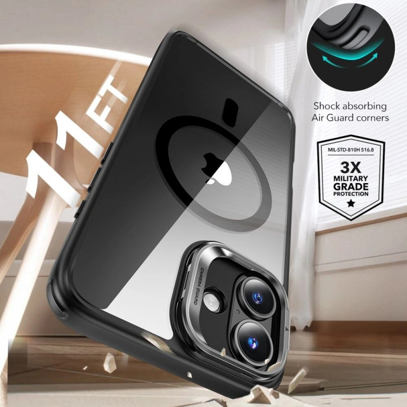 ESR Classic Hybrid Kickstand HaloLock MagSafe dėklas su grūdintu stiklu skirtas Apple iPhone 16, permatomas/juodas