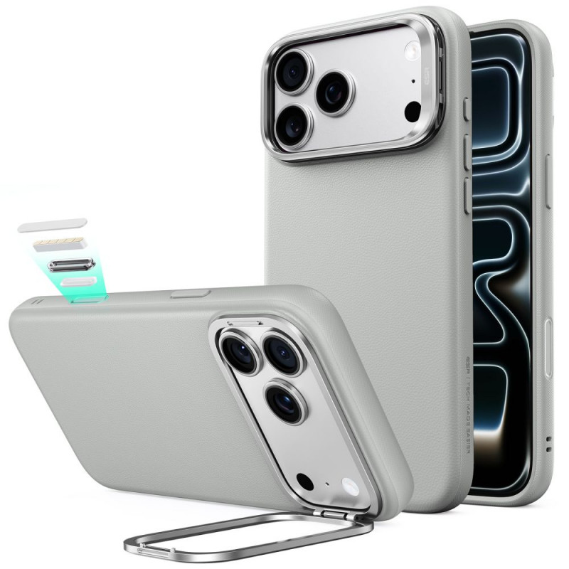ESR Leather Kickstand MagSafe dėklas Apple iPhone 17 Pro Max / 18 Pro Max, pilkas