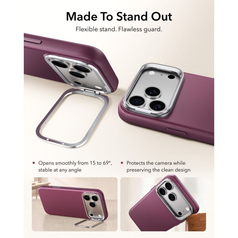 ESR Leather Kickstand MagSafe dėklas Apple iPhone 17 Pro / 18 Pro, Deep Burgundy
