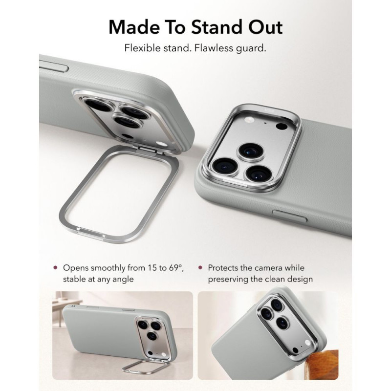 ESR Leather Kickstand MagSafe dėklas Apple iPhone 17 Pro / 18 Pro, pilkas