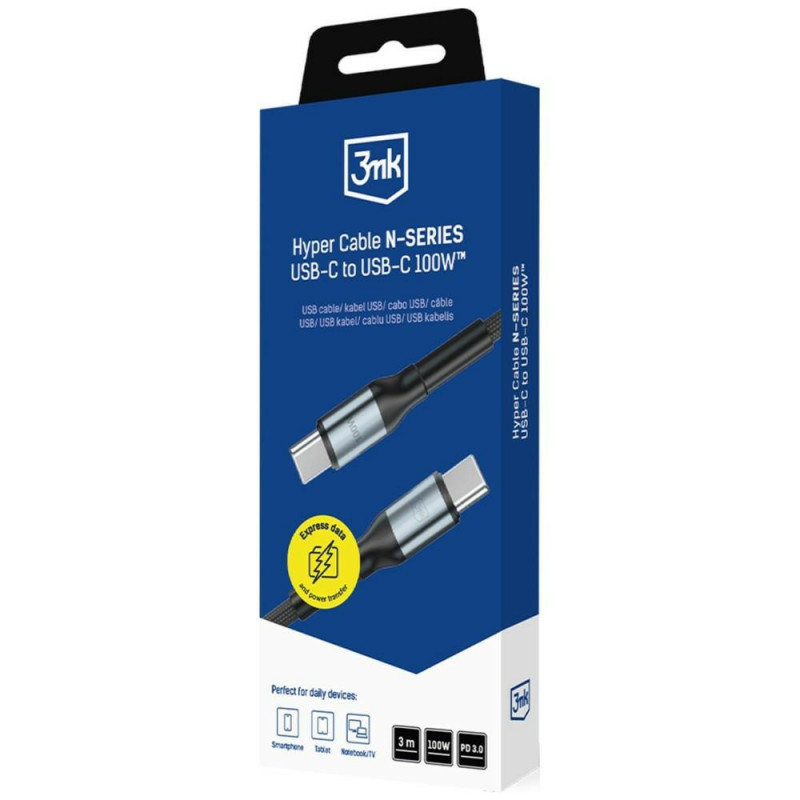 3MK Hyper Cable N-SERIES USB-C į USB-C kabelis, 3 m, 100 W, juodas