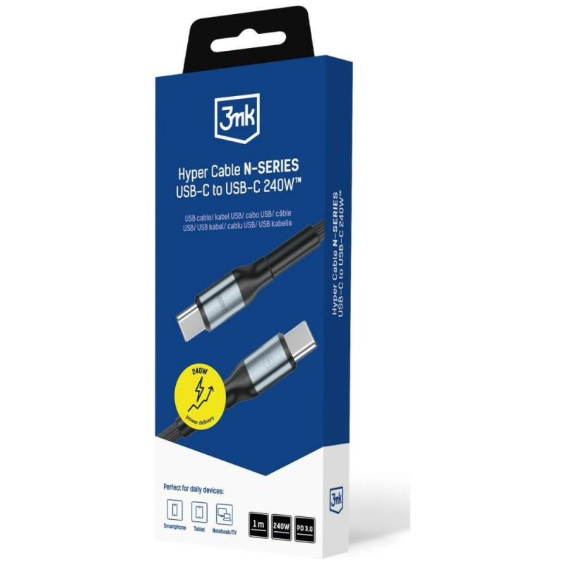 3MK Hyper Cable N-SERIES USB-C – USB-C kabelis, 1 m, 240 W, juodas