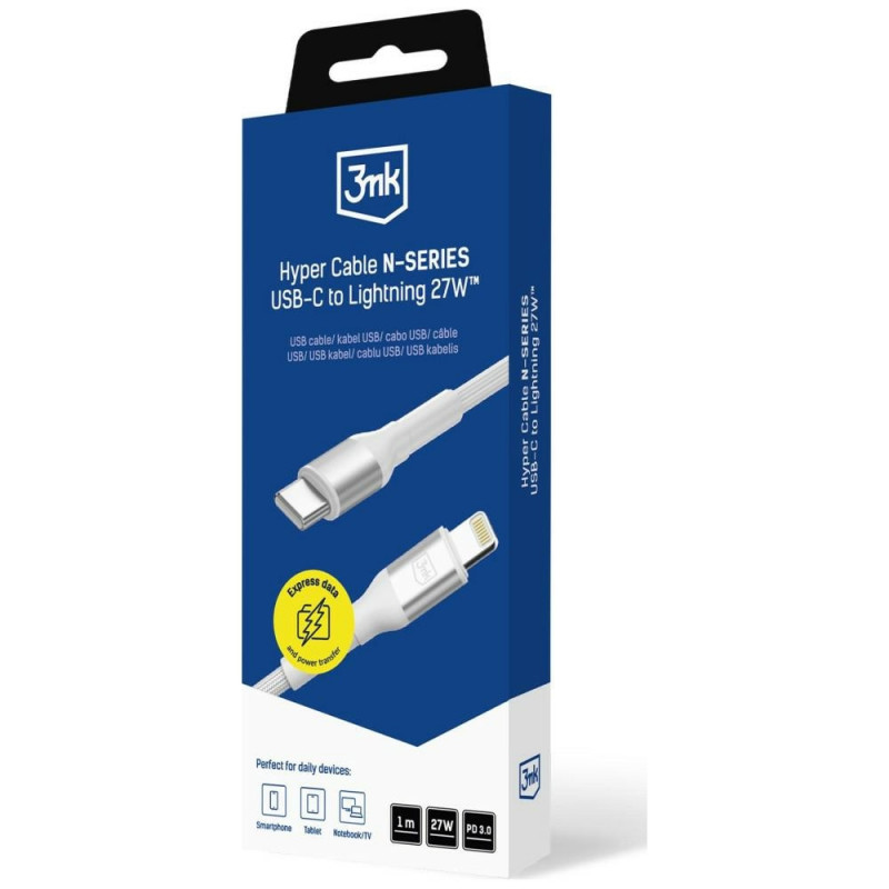 3MK Hyper Cable N-SERIES USB-C – Lightning kabelis, 1 m, 27 W, baltas