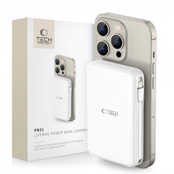 Tech-Protect PB31 LifeMag MagSafe nešiojamas įkroviklis 10000 mAh, 15 W, baltas