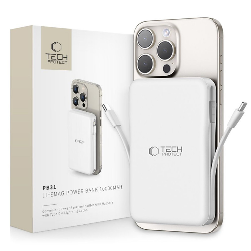 Tech-Protect PB31 LifeMag MagSafe nešiojamas įkroviklis 10000 mAh, 15 W, baltas