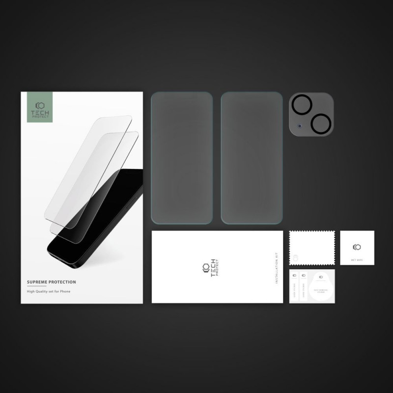 Tech-Protect Supreme Set grūdintas stiklas Apple iPhone 15, permatomas (2+1 vnt.)