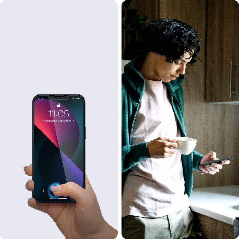 Spigen GLAS.tR EZ Fit grūdintas stiklas su montavimo rėmeliu Apple iPhone 13 / 13 Pro / 14 / 16e / 17e, permatomas