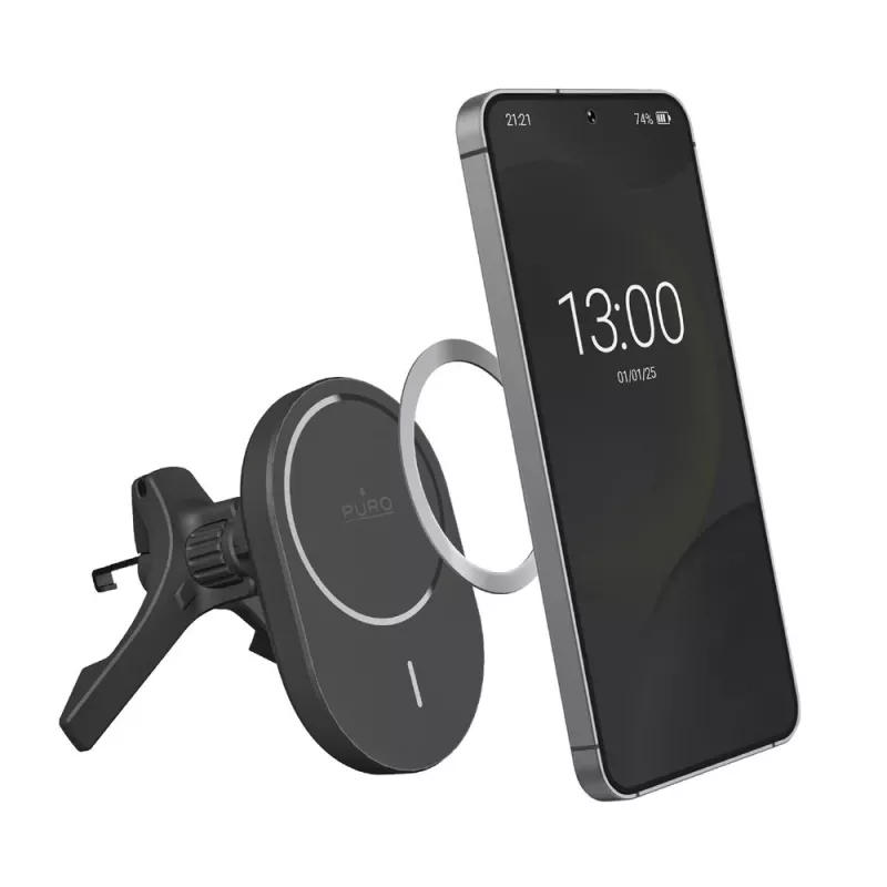 PURO Power Mag Holder automobilinis laikiklis su Qi2 įkrovikliu, suderinamas su MagSafe, juodas