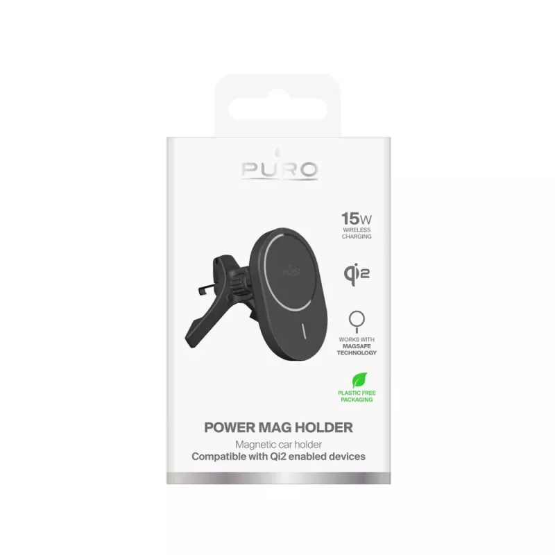 PURO Power Mag Holder automobilinis laikiklis su Qi2 įkrovikliu, suderinamas su MagSafe, juodas