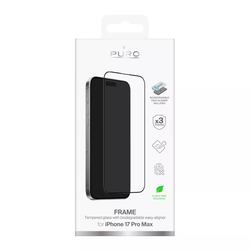 PURO Frame grūdintas stiklas su juodu rėmeliu ir aplikatoriumi iPhone 17 Pro Max