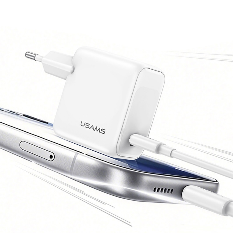 USAMS CC339 T76 45W GaN USB-C sieninis įkroviklis su SJ711 USB-C – USB-C kabeliu (1 m), baltas
