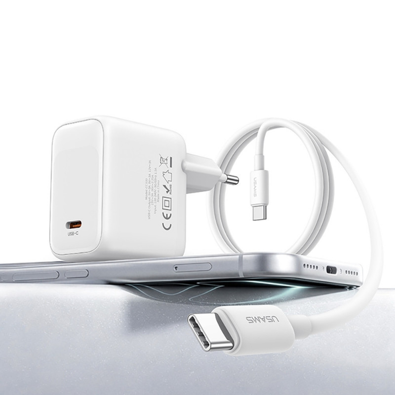 USAMS CC339 T76 45W GaN USB-C sieninis įkroviklis su SJ711 USB-C – USB-C kabeliu (1 m), baltas