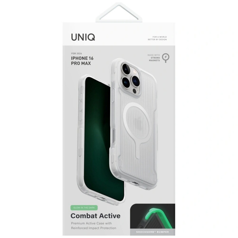 UNIQ Combat Active dėklas Apple iPhone 16 Pro Max su Magclick įkrovimu, lume white