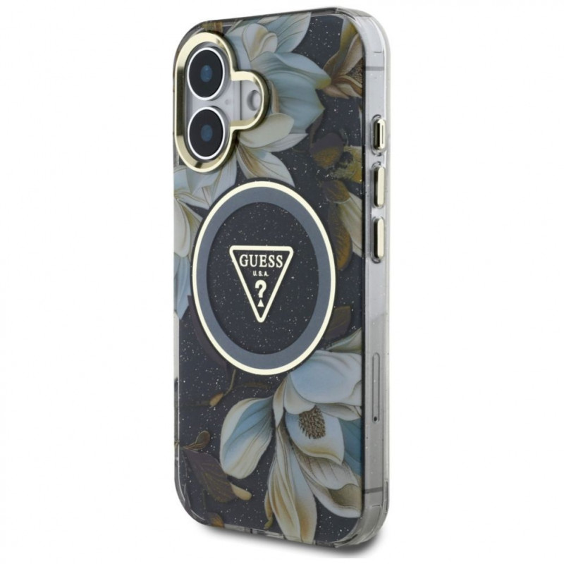 Guess Glitter Flowers Triangle Buttons MagSafe dėklas skirtas Apple iPhone 16, juodas