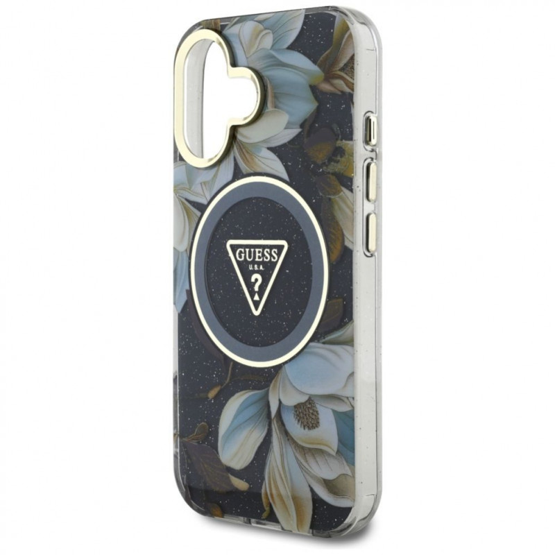 Guess Glitter Flowers Triangle Buttons MagSafe dėklas skirtas Apple iPhone 16, juodas