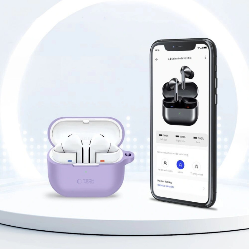 Tech-Protect Silicone Hook silikoninis dėklas su karabinu Samsung Galaxy Buds 3 / 3 FE / 3 Pro ausinukams, levandų spalvos