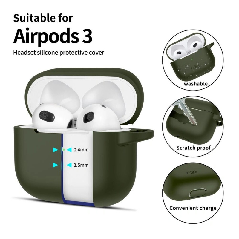 Tech-Protect Silicone Hook silikoninis Apple AirPods 3 dėklas su karabinu, Olive Green