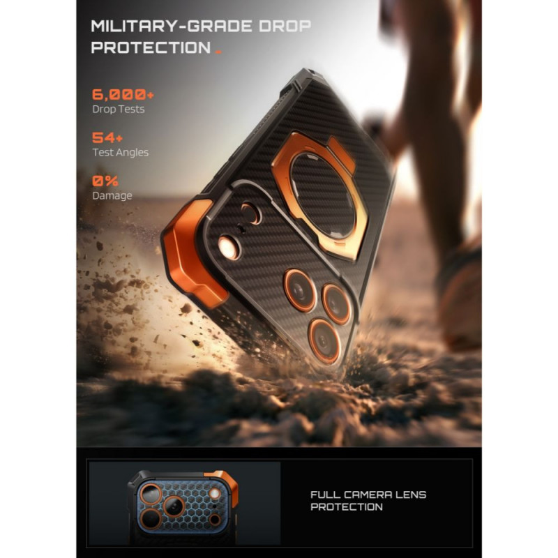 Supcase UB Grip Mag MagSafe Aramid apsauginis dėklas, skirtas Apple iPhone 17 Pro Max / 18 Pro Max, juodas/oranžinis