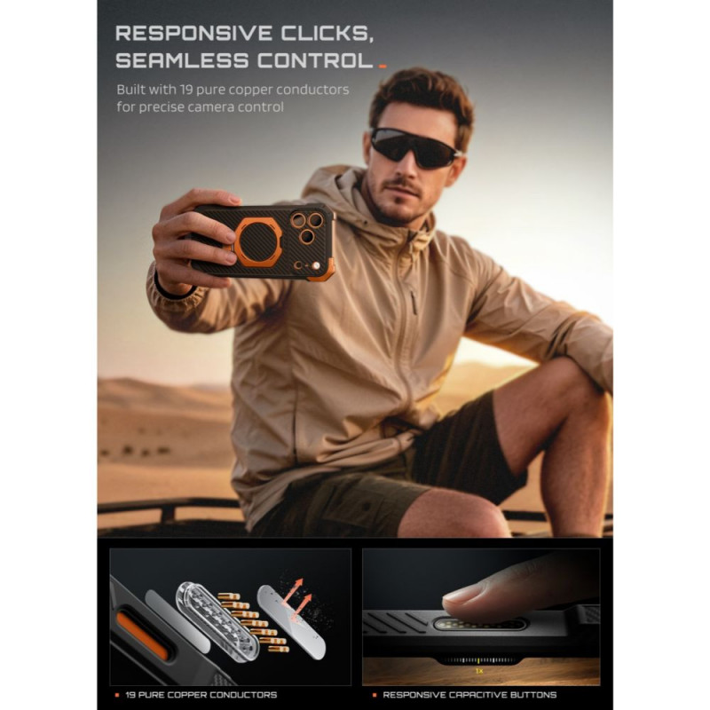 Supcase UB Grip Mag MagSafe Aramid apsauginis dėklas, skirtas Apple iPhone 17 Pro Max / 18 Pro Max, juodas/oranžinis