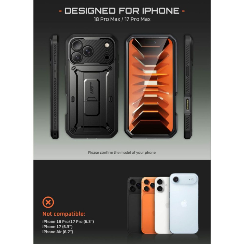 Supcase Unicorn Beetle Pro dėklas skirtas Apple iPhone 17 Pro Max / 18 Pro Max, juodas