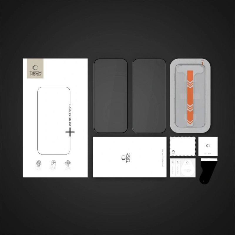 Tech-Protect Quick Set+ grūdintas stiklas, skirta Apple iPhone 13 / 13 Pro / 14 / 16e, juodas (2 vnt.)