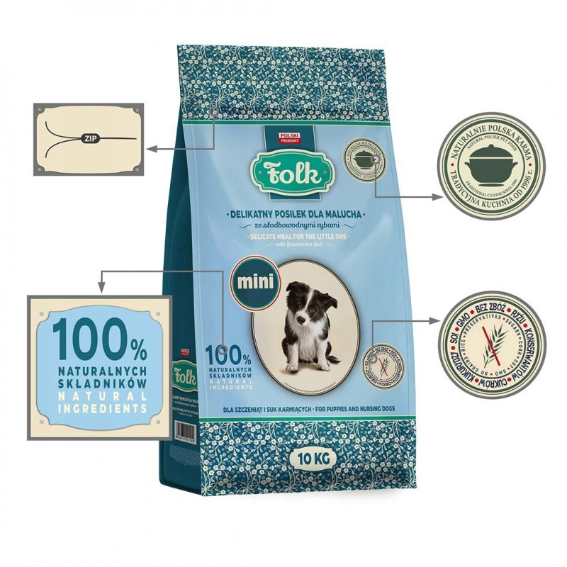 FOLK Delicate Meal for Puppies with Freshwater Fish Mini sausas šunų maistas šuniukams, 10 kg