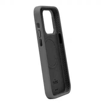 Puro Icon Mag Pro MagSafe silikoninis dėklas su metaliniais mygtukais, skirtas Apple iPhone 15 Plus, juodas