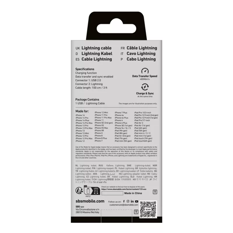 SBS TECABLEUSBIP589A USB-A – Lightning kabelis, 1 m, mėlynas
