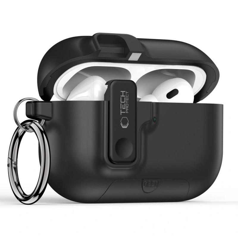 Tech-Protect Slim Hook polikarbonatinis dėklas Apple AirPods Pro 3 ausinukams, juodas