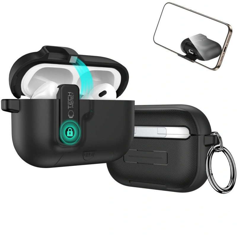 Tech-Protect Slim Hook polikarbonatinis dėklas Apple AirPods Pro 3 ausinukams, juodas