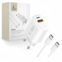 Tech-Protect NCA20 sieninis įkroviklis su USB-A / USB-C, PD 20W / QC3.0 ir USB-C / USB-C kabeliu 100 cm, baltas
