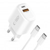 Tech-Protect NCA20 sieninis įkroviklis su USB-A / USB-C, PD 20W / QC3.0 ir USB-C / USB-C kabeliu 100 cm, baltas